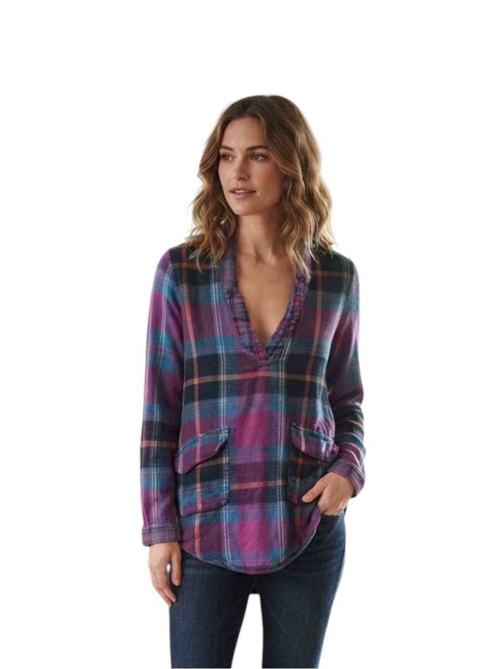 NATURAL LIFE Plaid V-Neck Tunic in Purple and Blue Size M